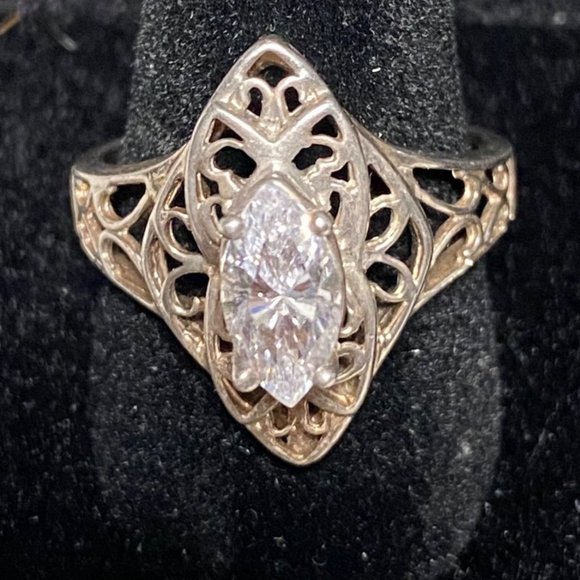 Ring Marquis CZ Cubic Zirconia 10mm x 5mm Filigree Vintage Jewelry Sterling Silv - Picture 2 of 16